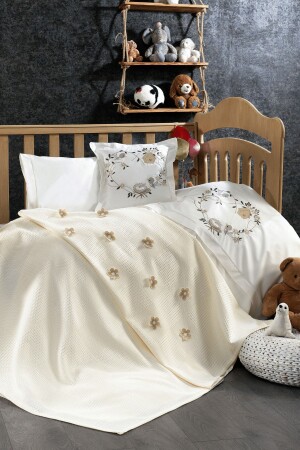 5 Piece 100% Cotton - 3D Flower and Bird Patterned Cemre Cream Baby Duvet Cover Set - Minelya Home Collection