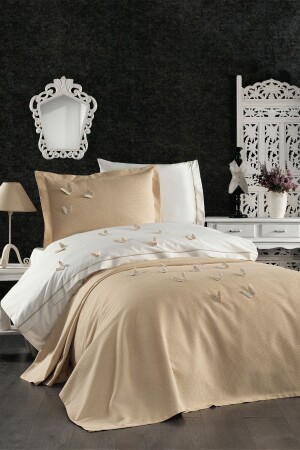5 Piece 3D Butterfly Patterned Children's Room Cotton Single Beige Beige Duvet Cover Set with Elastic Sheets - Minelya Home Collection