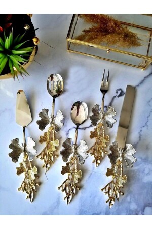 5 Piece Butterfly Patterned Gold Handle Serving Set HSS-5ST - Housess