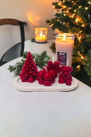 5 Piece Candle Set - Intense Strawberry Scented - Pine Tree - Teddy Bear - Bubble - Snowflake Candle Plate - Sier Concept