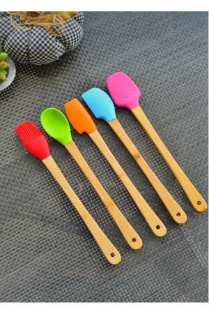 5-Piece Colorful Bamboo Handle Silicone Tip Spatula Brush Spoon Set - M Mimoza Park