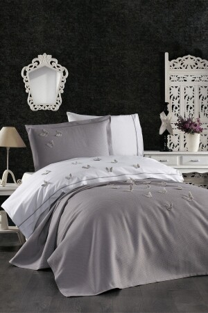 5 Piece Elastic Sheets 3D Butterfly Patterned Children's Room Cotton Single Gray Duvet Cover Set STCKHMNEV1KLBT - Minelya Home Collection