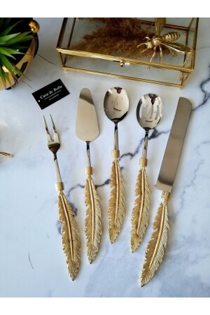 5 Piece Feather Patterned Gold Handle Serving Set TR3070 - CASA DE BELLA