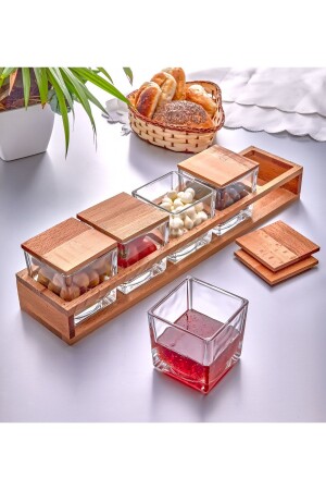 5 Piece Glass Luxury Breakfast Bowl with Wooden Stand and Lid - Breakfast Presentation Set IL. 303 - İLİVA