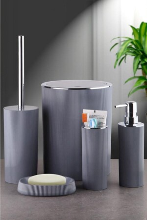 5 Piece Gray Anthracite Striped Bathroom Set Dustbin Liquid Solid Soap Dispenser Toothbrush Holder Toilet Brush LGY-00175 - LaGabya