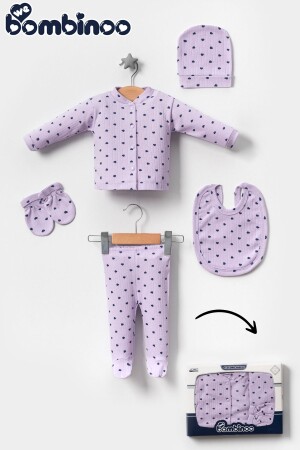 5 Piece Hospital Outfit Bodysuit Set for Newborn Corduroy Lilac Fabric with Navy Blue Heart - Webombinoo