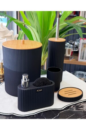 5 Piece Lucas Acrylic Bamboo Bathroom Set Black - Onedekor