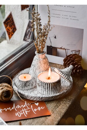 5 Piece Marble Pattern Decorative Concrete Vase and Vanilla Scented Soy Wax Candle Holder Set - Ersustore