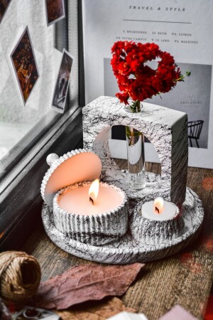 5 Piece Marble Pattern Decorative Concrete Vase and Vanilla Scented Soy Wax Candle Holder Set Scented Stylish Design Set2 - ersustore