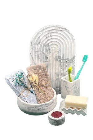 5-Piece Marble Patterned Concrete Bathroom Set Toilet Wc Solid Soap Dispenser Toothbrush Holder Towel Holder Set BM-115 - betonmall