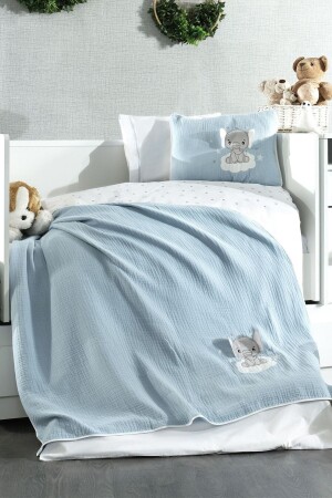 5 Piece Muslin Covered 100% Cotton 3D Elephant Patterned Blue Baby Duvet Cover Set - Minelya Home Collection