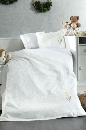 5 Piece Muslin Covered 100% Cotton Daisy Patterned Fairy Tale White Baby Duvet Cover Set SRBNHMBEB1MSL - Minelya Home Collection