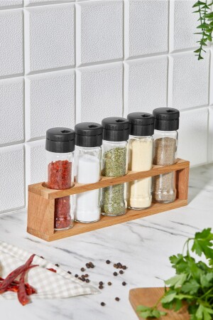 5 Piece Salt and Pepper Shakers Set, Spice Jar with Wooden Stand NERO 5 - woodsy