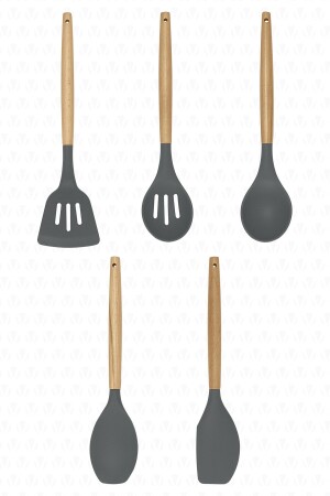 5 Piece Silicone Kitchen Cooking Utensils Set with Bamboo Handle Gray VS-510AS - valletta