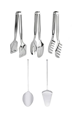5 Piece Stainless Steel Serving Presentation Set Spoon Spatula Pasta Salad Cake Tongs Meal Prep LGY-00203 - LaGabya