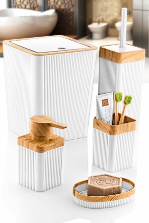 5-Piece White Wood Patterned Striped Luxury Bathroom Set GM00340 - GRİMOR Life