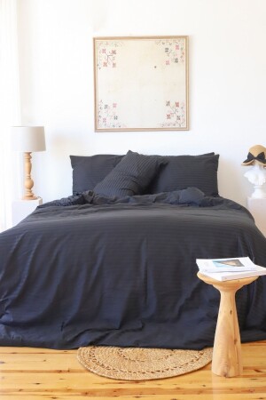 5 Star Luxury Hotel Type Double Elastic Striped Cotton Satin Duvet Cover Set Black Otels2022 - Tekstil Home