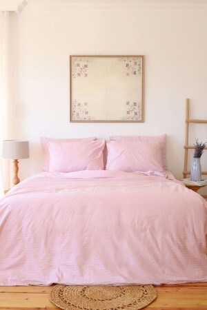 5 Star Luxury Hotel Type King Size Striped Cotton Satin Duvet Cover Set 180x200 Rubber Sheets Powder Pink - Tekstil Home