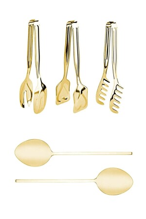 5-teiliges Luxus-Servierlöffel-Set mit vergoldeter Titan-beschichteter Kuchen-, Nudel- und Salatzange, vergoldetes Zangen-Set hom-00gold - Homerest