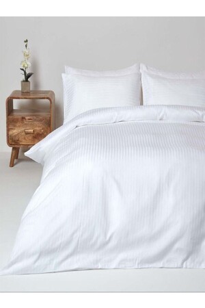 5 Yıldızlı Lüx Otel Tipi Battal Çizgili Saten Nevresim Takımı 180x200 Lastikli Çarşaf Beyaz - Tekstil Home