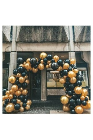 50 Adet 12 Inç Parti Balonu Metalik Gold - Pastel Siyah - 5 Mt Balon Zinciri - Balonevi