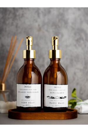 500 Ml Liquid Soap Dishwashing Detergent Glass Bottle with Amber Wooden Stand and Gold Cap goldamber - BÜYÜLÜ HOME