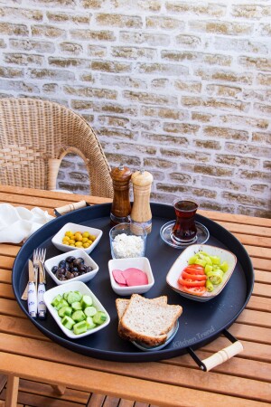 51 Cm Metal Round Black Tray with Wooden Handle Presentation Tray, Breakfast Tray metalwhitetray51 - kitchen trend