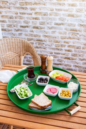 51 Cm Metal Round Green Tray with Wooden Handle Presentation Tray, Breakfast Tray metalwhitetray51 - kitchen trend