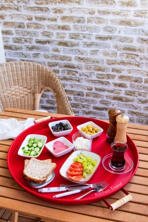 51 Cm Metal Round Red Tray with Wooden Handle Presentation Tray, Breakfast Tray metalwhitetray51 - kitchen trend