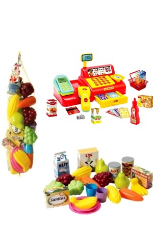 578-bp Super Market Cash Register + Toy Fruits in Net Toy Play Set Set - Saze