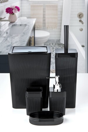 5'li Kare Çizgili Banyo Takımı Siyah - 5 Parça Lüx Banyo Seti VG-678 - vipgross