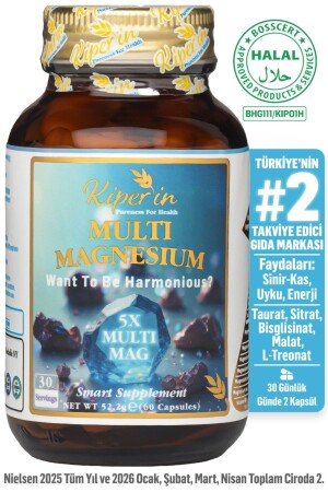 5x Çoklu Magnezyum (Taurat, Bisglisinat, Malat, Sitrat, L-Treonat) 60 Kapsül | Akıllı Gıda Takviyesi - Kiperin