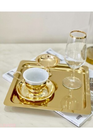 6 Adet Gold Altın Kare Paslanmaz Çelik Kahve Servis Sunum Tepsi & Tabağı (21X21CM) bsrihome87 - Abant