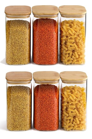 6-Piece 1500 ml Square Glass Spice Jar with Bamboo Lid, Dragee and Food Container S8DG40010D0d038588 - Karçiçeği Home