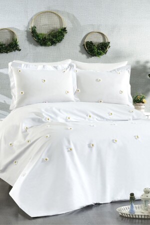 6 Piece 3D Daisy Patterned Embroidered Double Cotton White Duvet Cover Set SRBNHMNAK1PAP - Minelya Home Collection