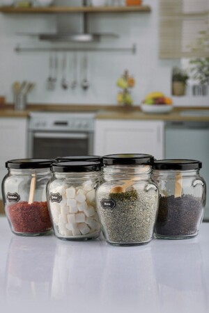 6-Piece 580 Cc Glass Jar with Lid - Ear Jar with Black Lid and Label1 - Karçiçeği Home