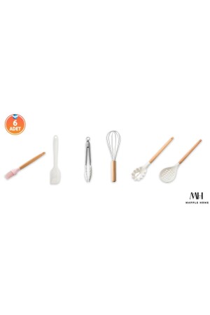 6-Piece Bamboo Handle Silicone Brush Colander Beater Tongs Pasta Spoon Spatula Kitchen Set Cream bambu-015 - Mapple Home