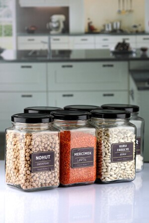 6-Piece Black Lid 1600 Cc Square Labeled Glass Spice and Pulses Jar 1600clm - Karçiçeği Home