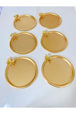 6-Piece Butterfly Round Patterned Gold Presentation, Decorative Serving Tray, Tea, Cake, Coffee 23 Cm DNLİGKLBK6 - Mira züccaciye