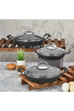 6 Piece Cast Granite Pan Set - Pan Set with Handle and Lid - 18+20+22 Cm SHN-0001 - Alkar