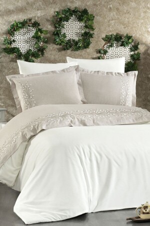 6 Piece Cotton Embroidered Linen Lima Double Beige Duvet Cover Set SRBNHMNAK1LİMA - Minelya Home Collection