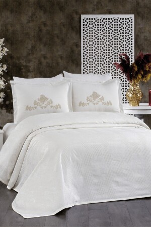 6 Piece Cotton Pique Bedspread with Embroidery Mina Double Duvet Cover Set Cream (WITH SURPRISE GIFT) LVNHMNEV1MN - Luvana Home