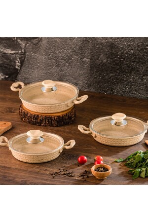 6 Piece Cream Covered Cast Iron Pan Set - 18-20-22 Cm Egg Omelet Pan Set of 3 - Evren