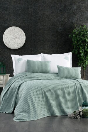 6 Piece Elastic Sheet and Embroidered Terra Double Water Green Cotton Pique Set STCKHMPIK1TER - Minelya Home Collection