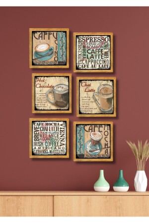 6 Piece Frame Look Coffee Corner Wall Decoration - 15x15 cm Painting Set for Kitchen Concept - Nt Handmade