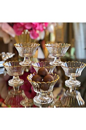 6-Piece Glass Footed Gilded Sugar Bowl Turkish Delight Bowl Presentation Bowl - Evra