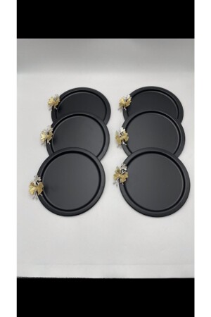 6-Piece Gold Butterfly Round Black Presentation Tray, Decorative Serving Tray, Tea, Cake, Coffee 24 Cm SYHKBK66 - Genel Markalar