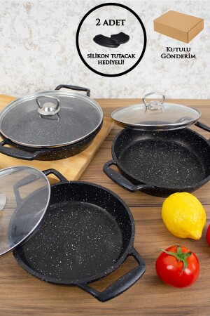 6-Piece Granite Pan Set with Glass Lid, Cast Black 18-20-22 Cm - Esivitalia