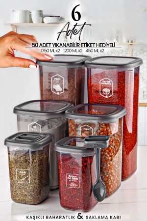 6-Piece Labeled Square Food Storage Container and Spice Jar Set with Spoon (1750ML 1200ML 400 ML) MCH010526 - Kitchen Life