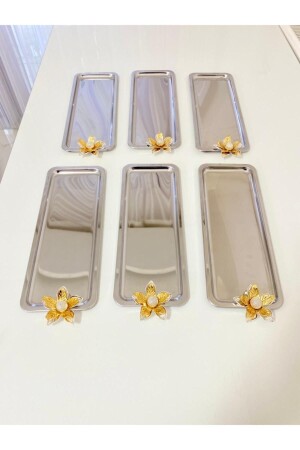 6-Piece Lily Flower Luxury Stainless Steel Silver Baton Service, Tea, Coffee, Treats and Presentation Tray BTNZMBK66 - Aslı Hediyelik